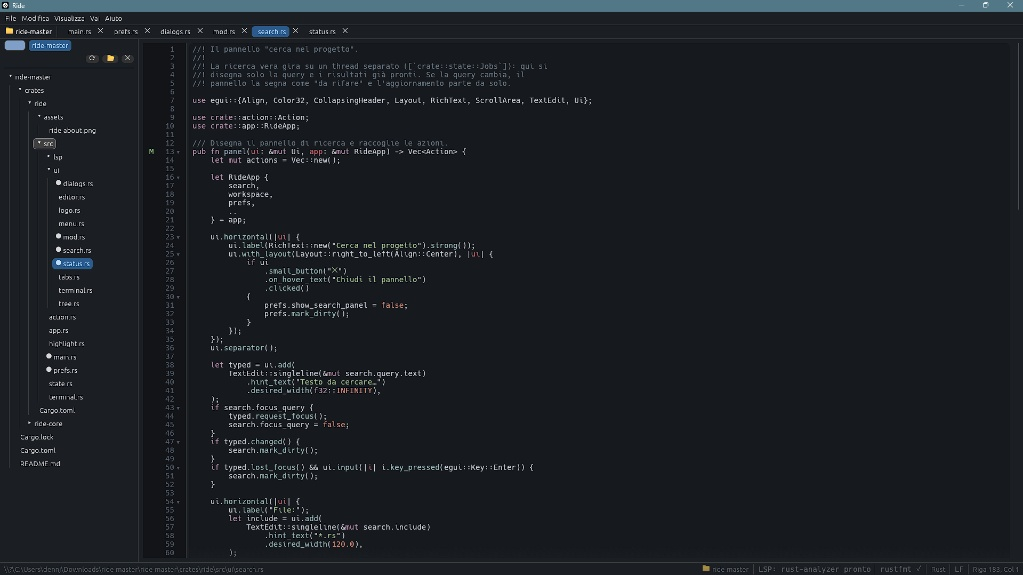 ride IDE Screenshot displaying code editor, file tree, search panel and status bar